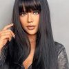 Long Natural Black Wigs For Women,Natural Black Wigs With Bangs Layered Shoulder Length Synthetic Wig For Daily Party  24 Inch