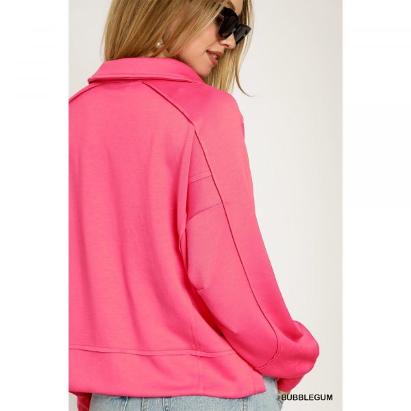 Umgee Exposed Seam Long Sleeve Polo Top with Side Slit