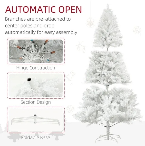 HOMCOM 9ft Tall Artificial Christmas Tree, Unlit Xmas Tree With 2132 Branch Tips, Auto Open, Steel Base, Holiday  For Home Office, White