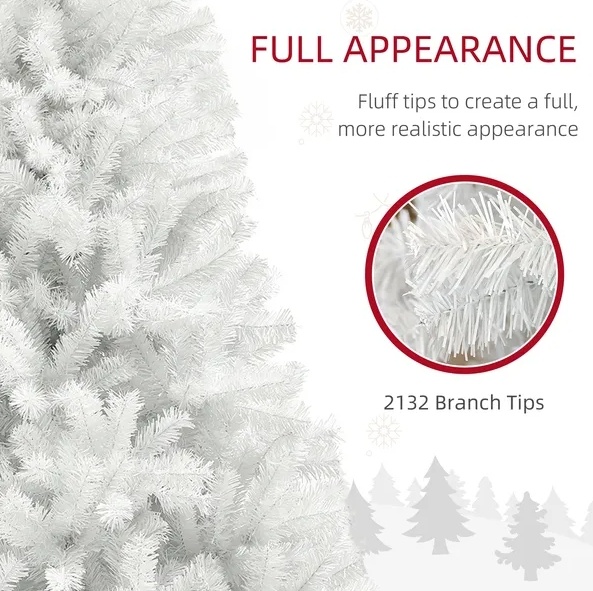 HOMCOM 9ft Tall Artificial Christmas Tree, Unlit Xmas Tree With 2132 Branch Tips, Auto Open, Steel Base, Holiday  For Home Office, White