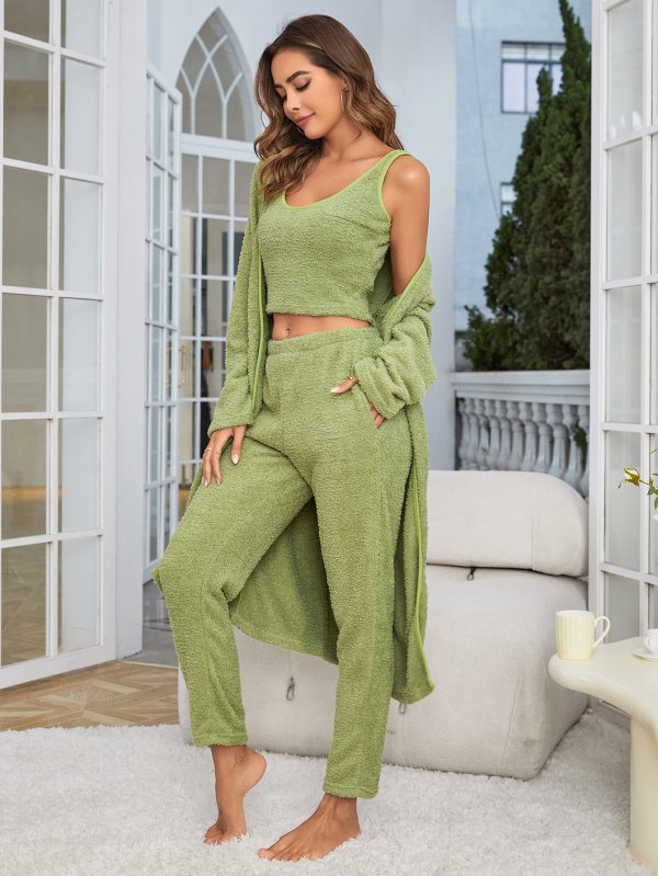 Women's Fuzzy 3 Piece Sweatsuit Open Front Cardigan Crop Tank Tops Wide Legs Pants Lounge Sets