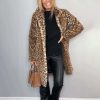 Women's Leopard Print Plush Jacket, Cozy Loose-Fit Warm Coat Elegant Medium-Length Fall Winter Outwear