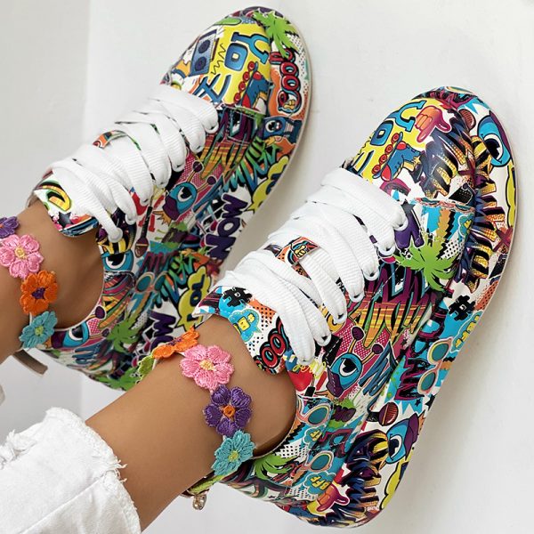 Women's Casual Round Toe Thick Sole Lace-Up Sneakers, Random Print Design, Comfortable Sporty Shoes For Daily Wear