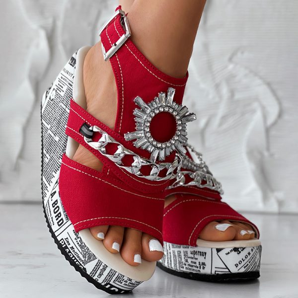 1004eac6-0fb3-4fcd-ae5b-e82a24850a02.jpg Newspaper Buckle Denim Wedge Slides - Anklet Not Included