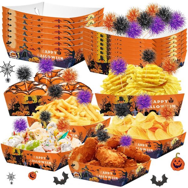 72 Pcs Halloween Party Supplies Halloween Disposable Paper Food Trays With 60 Pcs Firework Party Picks For Halloween Food Storage Charcuterie Board Serving