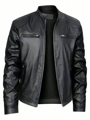 Men's Stand-up Collar Leather Jacket Business Casual Jacket