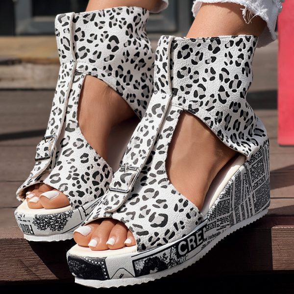 Round Toe Fish Mouth Leopard Print Casual High Heel Wedge Shoes - Anklet Not Included