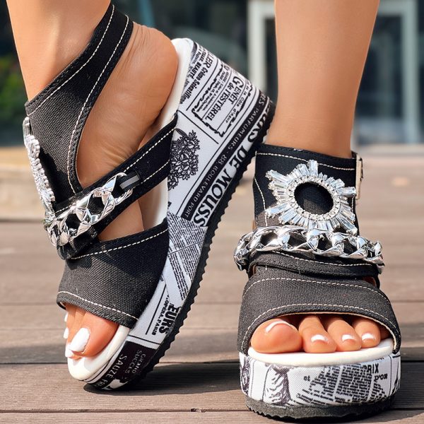 1bc262fd-9573-48ad-8e80-5dde508ede1f.jpg Newspaper Buckle Denim Wedge Slides - Anklet Not Included
