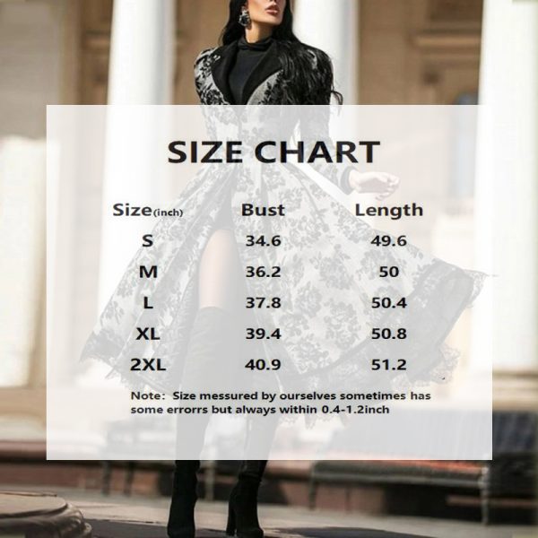 Women's Autumn Winter Long Sleeve Lace Trim Floral Print Vintage Long Trench Coat