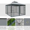 10x10 Steel Patio Gazebo Canopy Grey With Mesh Curtains Shelves