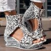 Round Toe Fish Mouth Leopard Print Casual High Heel Wedge Shoes - Anklet Not Included