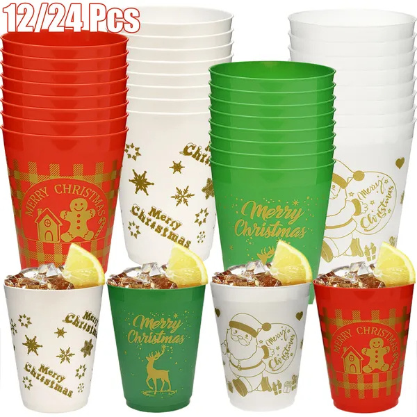 12 Pcs Christmas Plastic Tumblers Gingerbread Man Santa Reindeer Pattern 16 Oz Reusable Drink Cups Cute Beverage Cups For Beer Coffee Tea Xmas Holiday Party Supplies