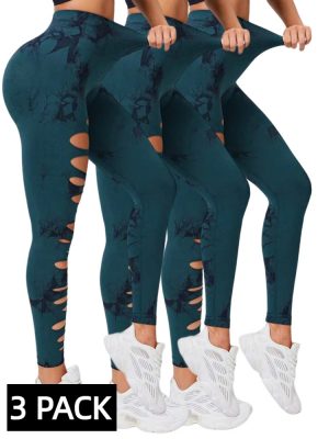 3 PACK Butt Lifting Yoga Gym Athletic Pants, Hollow Out Tummy Control Sports Leggings Tie Dye Running Pants