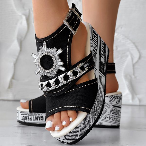 2dea09e0-cb96-4aee-afa8-4b945c760699.jpg Newspaper Buckle Denim Wedge Slides - Anklet Not Included