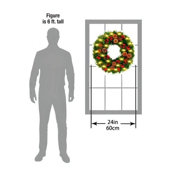24 - Inch Christmas Wreath. Unlit, Yellow - Lit, Colorful - Lit Styles