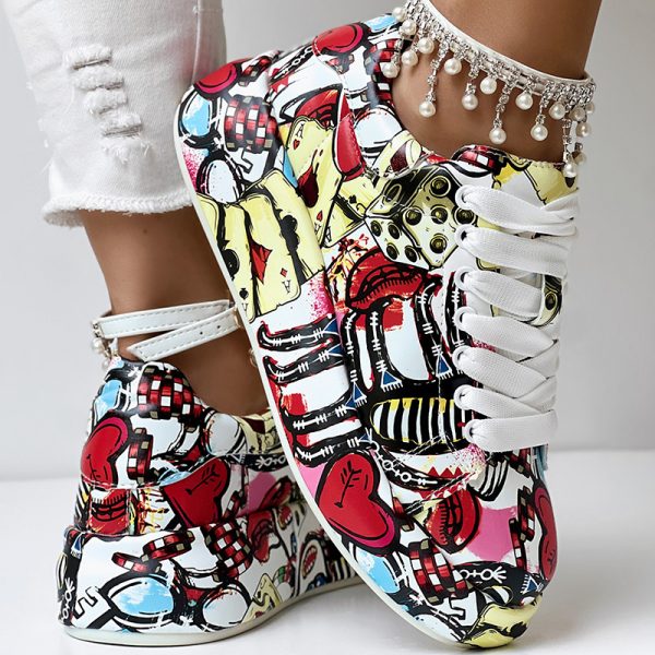 Women's Casual Round Toe Thick Sole Lace-Up Sneakers, Random Print Design, Comfortable Sporty Shoes For Daily Wear