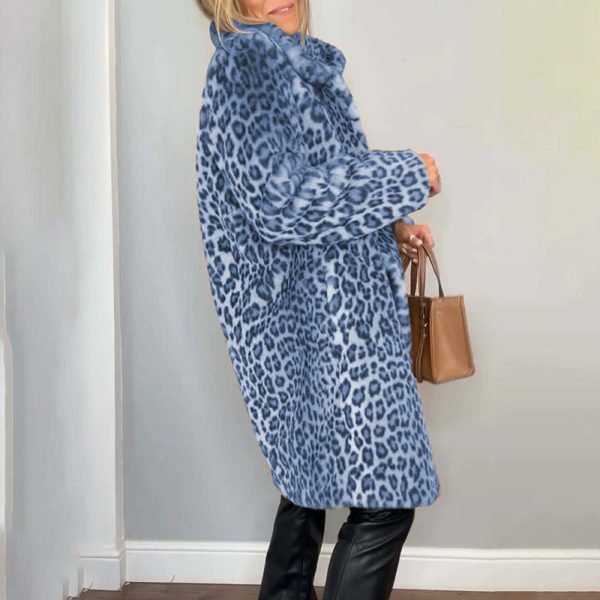 Women's Leopard Print Plush Jacket, Cozy Loose-Fit Warm Coat Elegant Medium-Length Fall Winter Outwear
