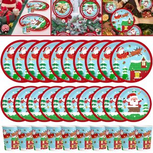 30Pcs Christmas Party Tableware Set 7 And 9 Inch Elk Claus Paper Plates 3.5 Inch Paper Cup Cute Xmas Disposable Cups For Xmas Holiday Dinner Supplies