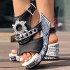 408008ba-1e54-49ea-be18-0e8950acc52c.jpg Newspaper Buckle Denim Wedge Slides - Anklet Not Included