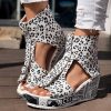 Round Toe Fish Mouth Leopard Print Casual High Heel Wedge Shoes - Anklet Not Included