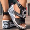 4672b086-39af-4513-8d0c-ab5ba7c70295.jpg Newspaper Buckle Denim Wedge Slides - Anklet Not Included