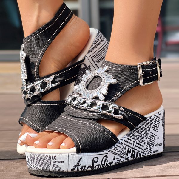 48fe16ca-6fa9-4d9d-b13b-c50f1908810a.jpg Newspaper Buckle Denim Wedge Slides - Anklet Not Included