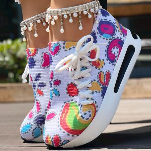 Women's Random Print Side Lace-Up Elastic Sport Shoes, Comfortable Slip-On Sneakers For Women, Casual Daily Wear Footwear