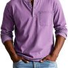 V-neck Long-sleeved T-shirt With Button Design Fashion Casual Solid Color Pullover Top Men's Clothing