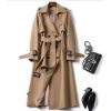 Women's Classic Trench Coat, Solid Color Long Sleeve Belted Mid-Length Jacket With Button Detail For Spring And Fall