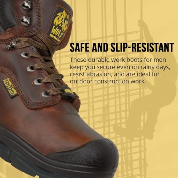 WOLF Work Boot | 100% Genuine Upper Leather | Oil, Heat, Chemical, Impact, Puncture, Abrasion Resistant | Electrical Hazards | Non-Slip Rubber Sole | Steel Toe | Padded Collar | Construction | Industrial PPE