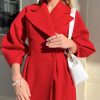 Women's Classic Winter Long Coat, Double-Breasted Belted Trench With Wide Lapel, Solid Color Oversized Overcoat For Casual Style