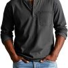 V-neck Long-sleeved T-shirt With Button Design Fashion Casual Solid Color Pullover Top Men's Clothing