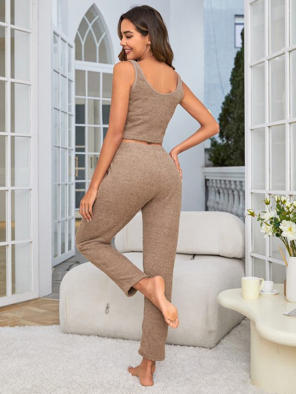 Women's Fuzzy 3 Piece Sweatsuit Open Front Cardigan Crop Tank Tops Wide Legs Pants Lounge Sets