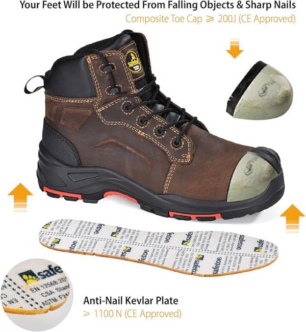 SAFETOE Botas de seguridad para hombre, botas de trabajo de punta compuesta, ligeras, de piel de vaca, a prueba de pinchazos, botas de trabajo de ajuste ancho