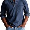 V-neck Long-sleeved T-shirt With Button Design Fashion Casual Solid Color Pullover Top Men's Clothing
