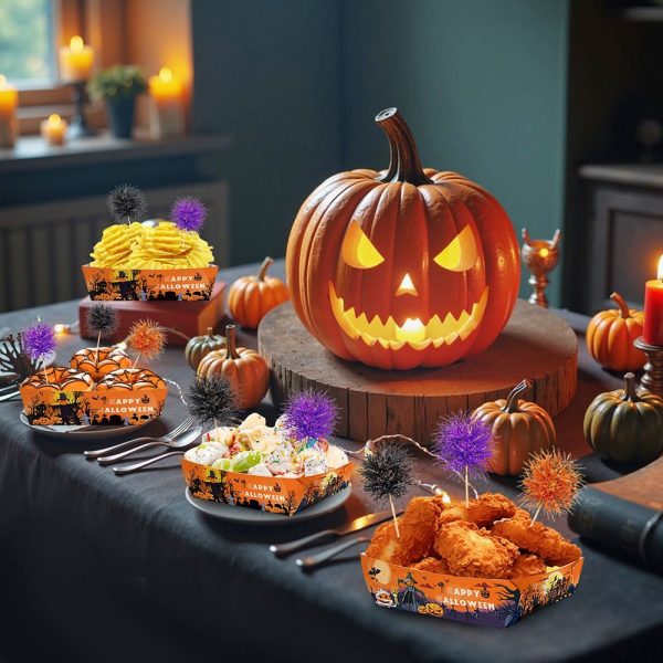 72 Pcs Halloween Party Supplies Halloween Disposable Paper Food Trays With 60 Pcs Firework Party Picks For Halloween Food Storage Charcuterie Board Serving
