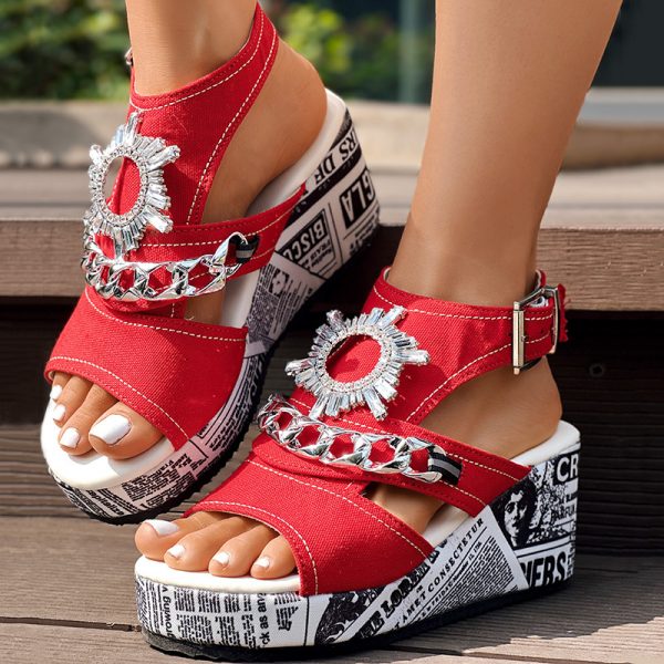 7c7bec92-60ab-42bd-bf28-98562a4558cc.jpg Newspaper Buckle Denim Wedge Slides - Anklet Not Included