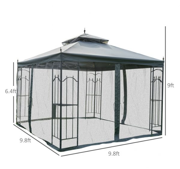 10x10 Steel Patio Gazebo Canopy Grey With Mesh Curtains Shelves