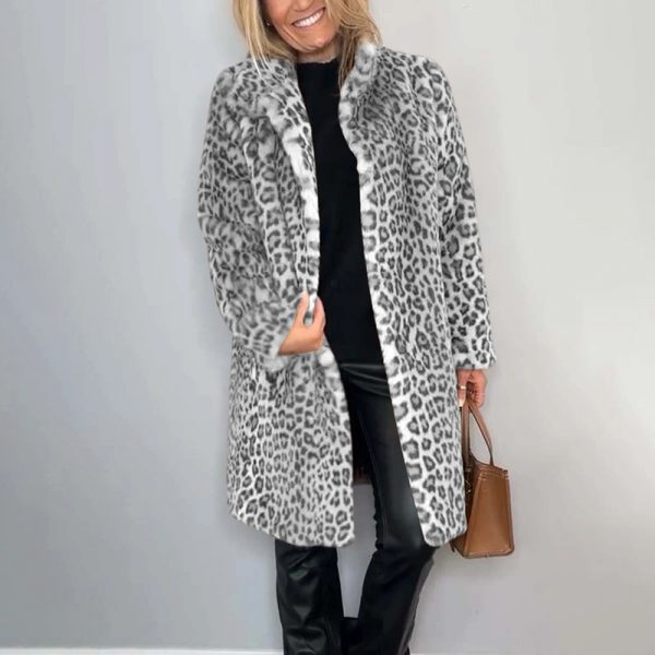 Women's Leopard Print Plush Jacket, Cozy Loose-Fit Warm Coat Elegant Medium-Length Fall Winter Outwear