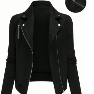 Women's Oblique Zipper Fastener Decoration Slim Casual Jacket