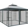 10x10 Steel Patio Gazebo Canopy Grey With Mesh Curtains Shelves