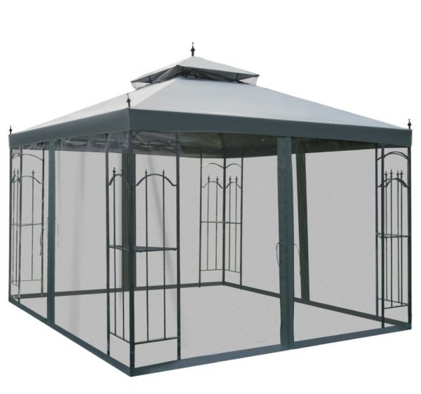 10x10 Steel Patio Gazebo Canopy Grey With Mesh Curtains Shelves