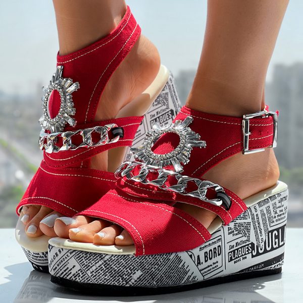 cdd757ed-aaa0-496b-8767-d8e75fd3c83f.jpg Newspaper Buckle Denim Wedge Slides - Anklet Not Included