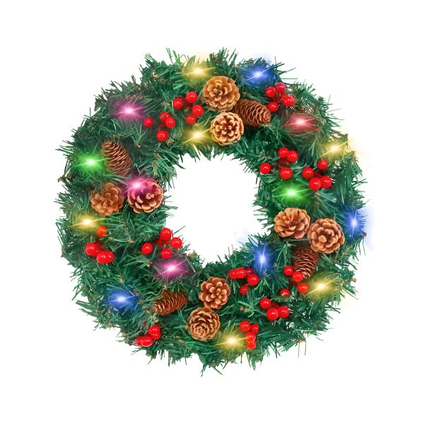 24 - Inch Christmas Wreath. Unlit, Yellow - Lit, Colorful - Lit Styles