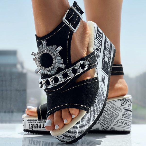 d63fd5e5-0d35-41d7-8ab8-472e8f2ff0d7.jpg Newspaper Buckle Denim Wedge Slides - Anklet Not Included