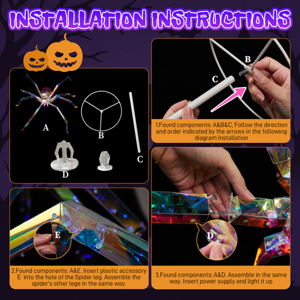 3ft Prism Spider, Illusion, 340 Purple Copper Wire Light, 4.5V 3.6W Halloween Standing Decoration US Specification