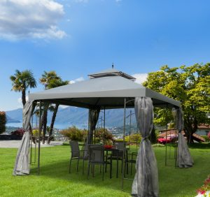 10x10 Steel Patio Gazebo Canopy Grey With Mesh Curtains Shelves