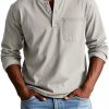 V-neck Long-sleeved T-shirt With Button Design Fashion Casual Solid Color Pullover Top Men's Clothing