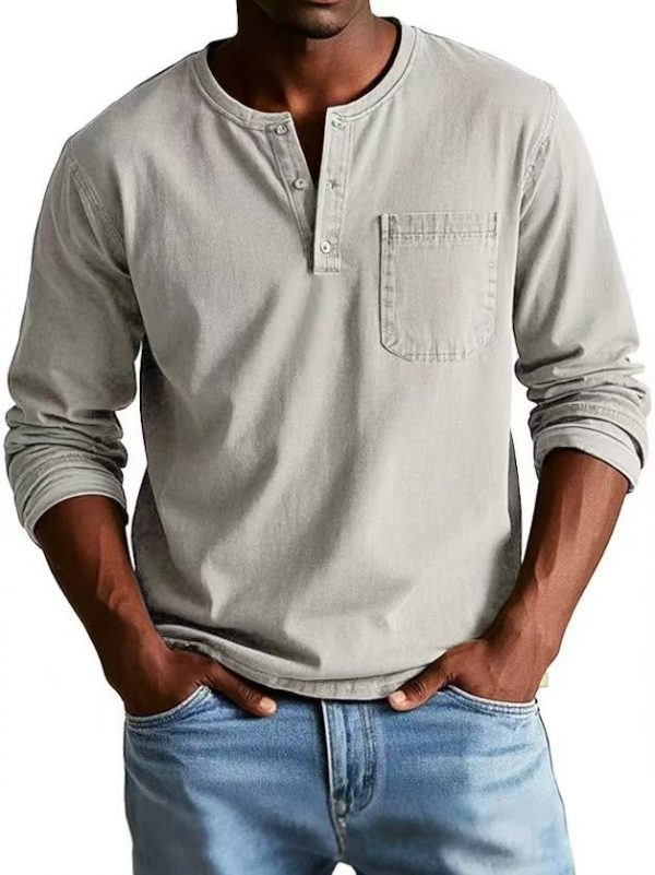 V-neck Long-sleeved T-shirt With Button Design Fashion Casual Solid Color Pullover Top Men's Clothing