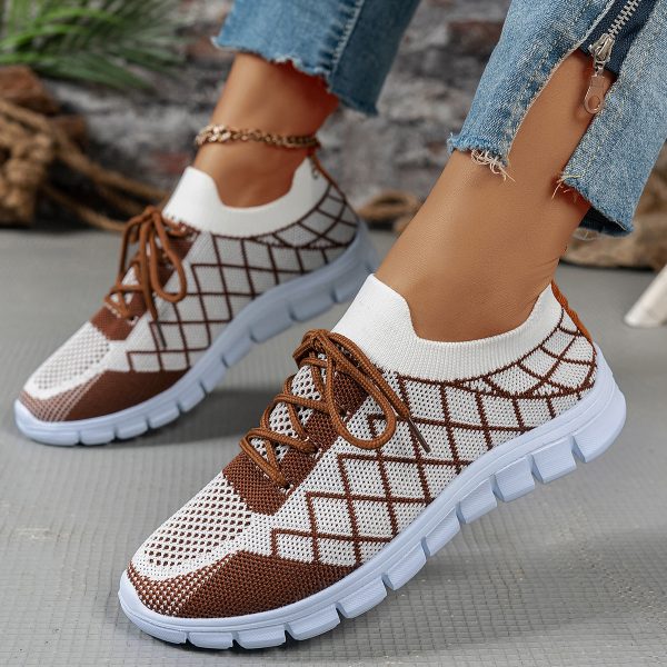 Colorblock Plaid Lace-Up Flyknit Sneakers Ins Mesh Casual Shoes Fashion Breathable Walking Running Sports Shoes For Women